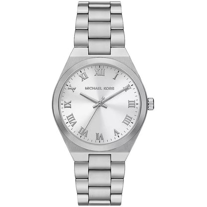 Silver MICHAEL KORS Mod. LENNOX ladies wristwatch, stainless steel, quartz movement, 5 ATM water resistance, in official packaging.