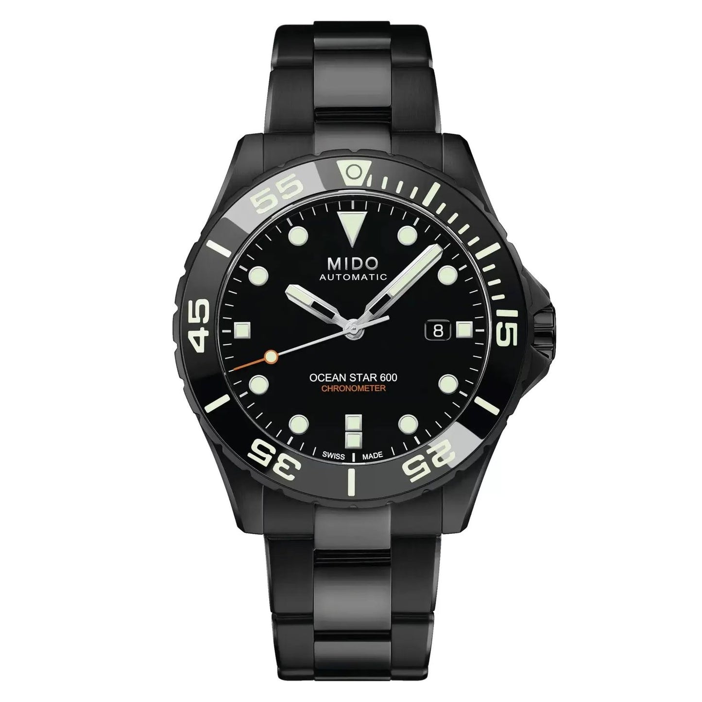 MIDO MOD. M026-608-33-051-00 watch with black dial and bracelet, showing time and date.