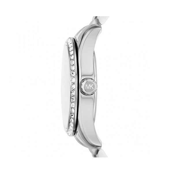 Side view of MICHAEL KORS Mod. LEXINGTON wristwatch with stainless steel case and crystal embellishments.