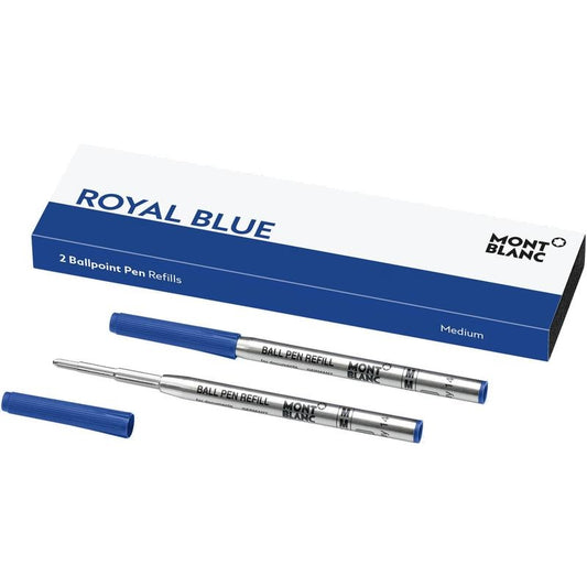 MONTBLANC FASHION ACCESSORIES Mod. 128214 in official box, featuring royal blue ballpoint pen refills for luxury writing experience.