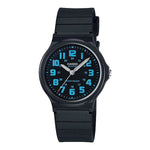 CASIO COLLECTION wristwatch with black resin strap, quartz movement, 3 ATM water resistance, acrylic crystal dial, official packaging included.