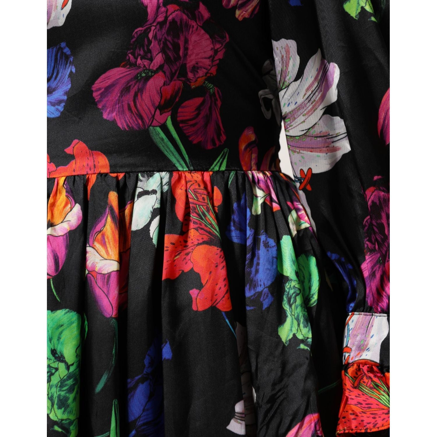 MSGM Dress Black Multicolor Floral Ruffle Long Sleeve Mini Dress
