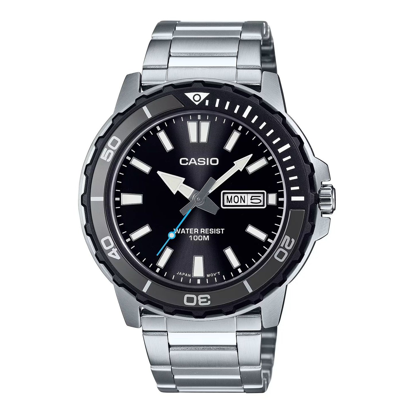 CASIO SPORT Mod. DIVER 100M - BLACK wristwatch with stainless steel bracelet, quartz movement, day & date function, 10 ATM water resistance.