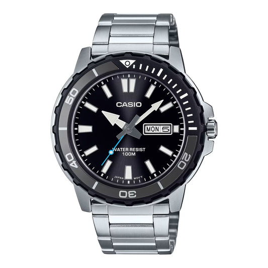 CASIO SPORT Mod. DIVER 100M - BLACK wristwatch with stainless steel bracelet, quartz movement, day & date function, 10 ATM water resistance.