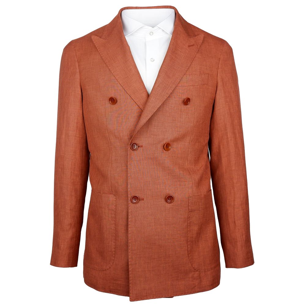 Made in Italy Brown Linen Blazer with Loro Piana fabric, rust-colored double-breasted jacket, peaked lapels, and multiple pockets.