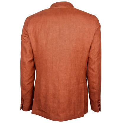 Made in Italy Brown Linen Blazer, rust-colored linen-wool double-breasted jacket with peaked lapels, back view.