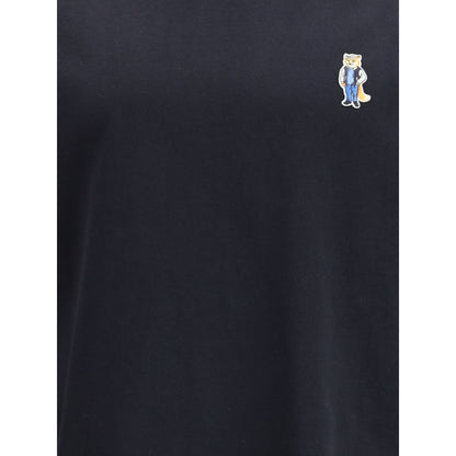 Maison Kitsuné Black Cotton T-Shirt with embroidered Dressed Fox patch, showcasing casual sophistication.