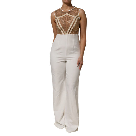 Mangano White Beige Mesh Crystal Embellished Sleeveless Jumpsuit Mangano