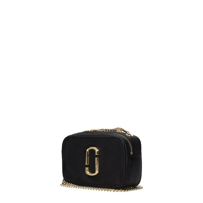 Marc Jacobs Black Leather Crossbody Bag with gold details and zip closure, small size with side logo, external pocket.