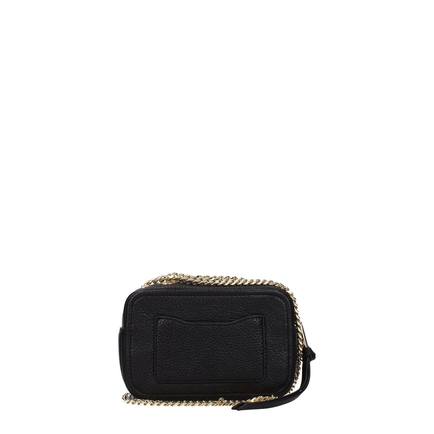 Marc Jacobs Black Leather Crossbody Bag with gold details, small size, zip closure, side logo, one external pocket, casual style.