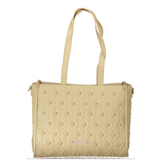 Mario Valentino Beige Polyester Handbag with shoulder handles and zip closure, featuring logo and internal pockets.