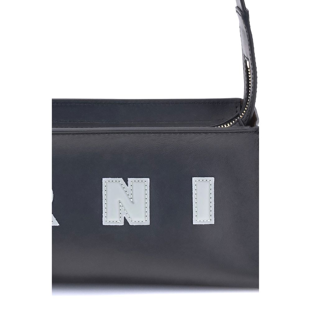 Marni Black Calf Leather Bos Taurus Shoulder Bag with iconic logo stitching and zipper closure in refined design.