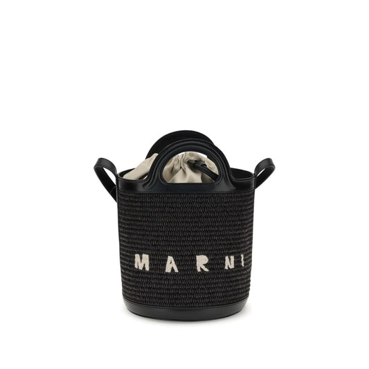 Marni Black Cotton Backet Bag with raffia texture, leather trim, and adjustable strap