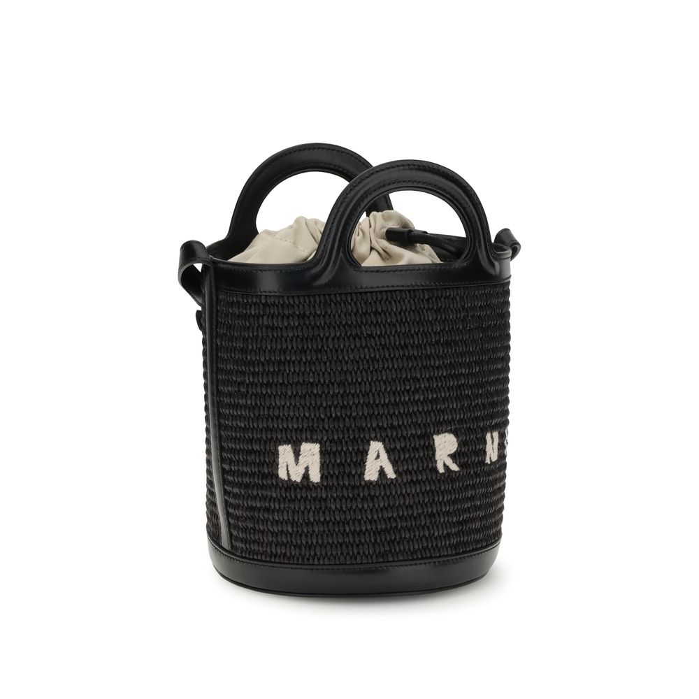 Marni Black Cotton Backet Bag with leather trim and round top handles, showcasing tropical raffia design, versatile adjustable strap.