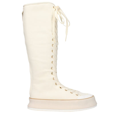 Max Mara Beige Fabric Lace-Up Boots with a vintage effect, casual style, round toe, and rubber sole wedge heel