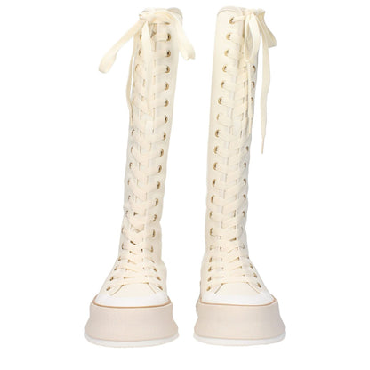 Max Mara Beige Fabric Lace-Up Boots with round toe and wedge heel, featuring vintage effect and canvas color accents.