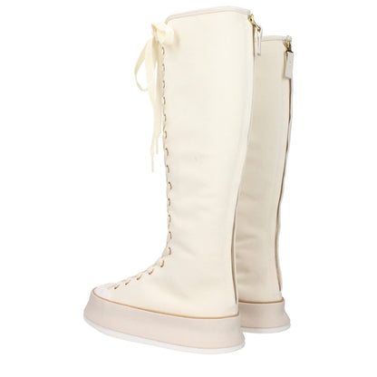 Max Mara Beige Fabric Lace-Up Boots with vintage effect, casual style, rubber sole, round toe, wedge heel, and canvas accents.