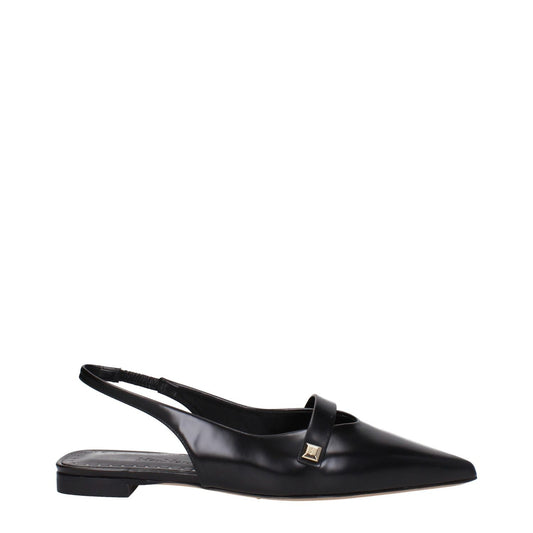 Max Mara Black Leather Ballet Flats with pointy toe and low heel, featuring side logo; stylish and sleek design for elegant wear.