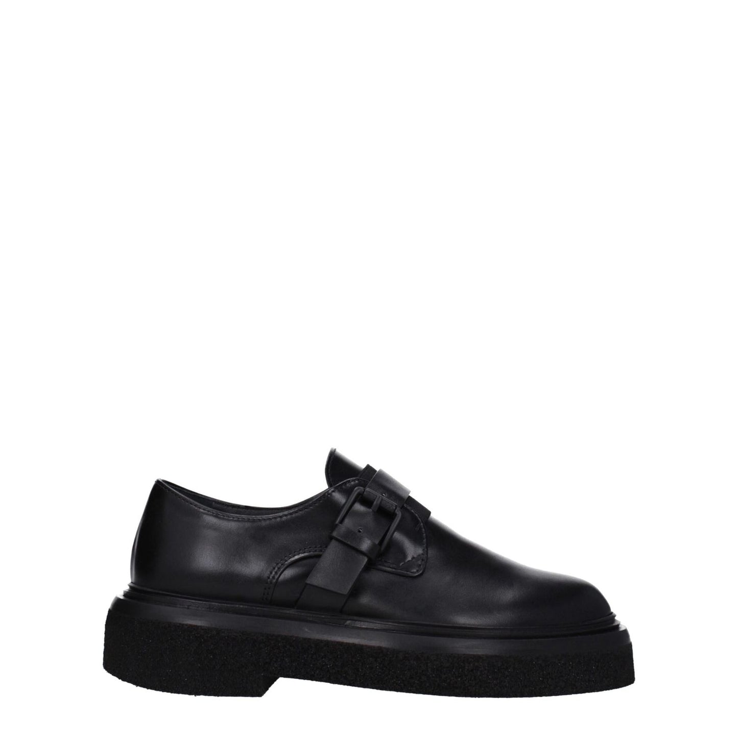 Max Mara Black Leather Oxfords And Derbies with buckle closure and rubber sole, casual round toe design, low flat heel.