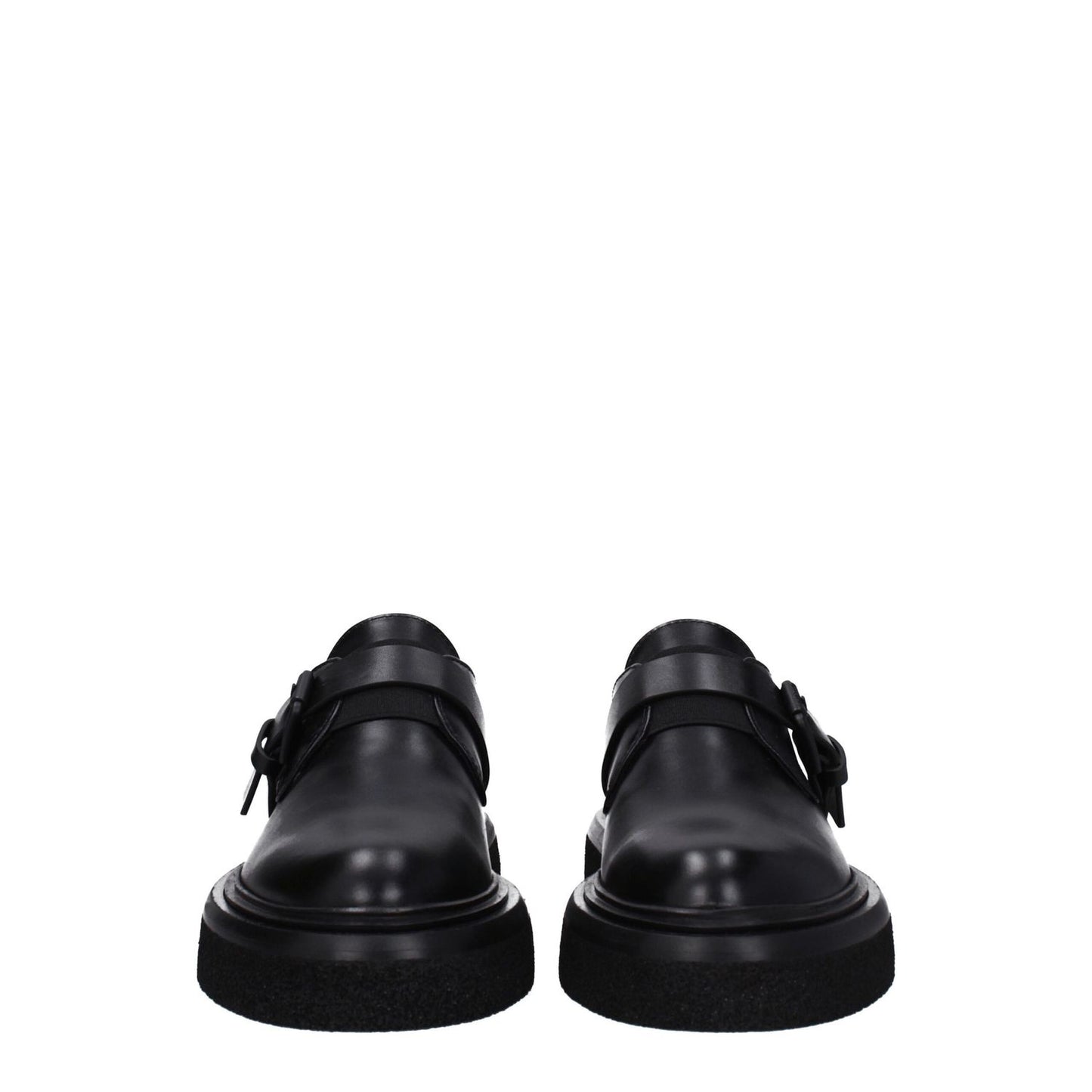 Max Mara Black Leather Oxfords And Derbies with buckle closure, flat heel design, round toe, rubber sole, shown from front view.