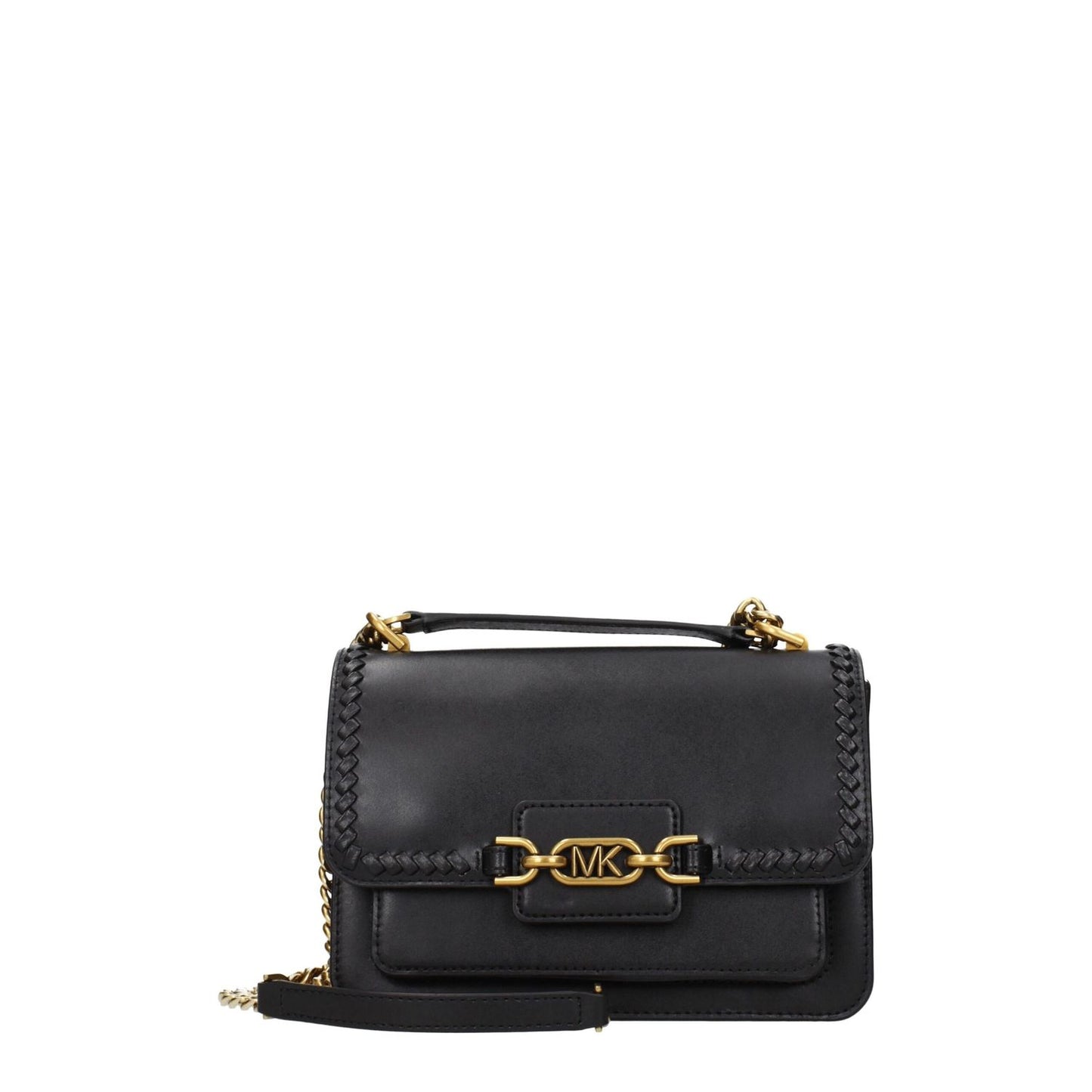 Michael Kors Black Leather Shoulder Bag with gold accents, front logo, adjustable handle, and button closure. Medium size, perfect for casual style.