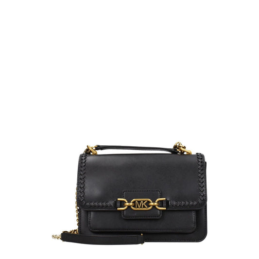 Michael Kors Black Leather Shoulder Bag with gold accents, front logo, adjustable handle, and button closure. Medium size, perfect for casual style.