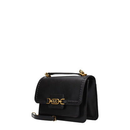 Michael Kors Black Leather Shoulder Bag with gold accents and adjustable strap, front logo, medium size, button closure.