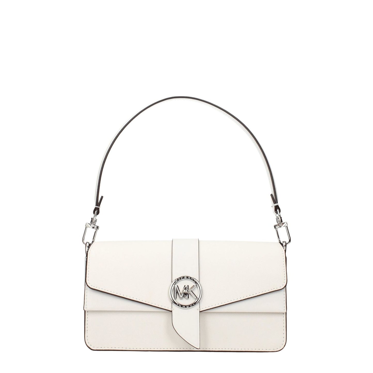 Michael Kors White Leather Handbag with silver details, medium size, detachable handle, adjustable strap, turn lock closure.