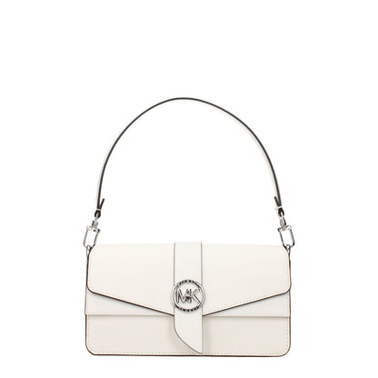 Michael Kors White Leather Handbag with silver details, medium size, detachable handle, adjustable strap, turn lock closure.