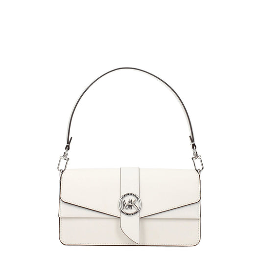 Michael Kors White Leather Handbag with silver details, medium size, detachable handle, adjustable strap, turn lock closure.