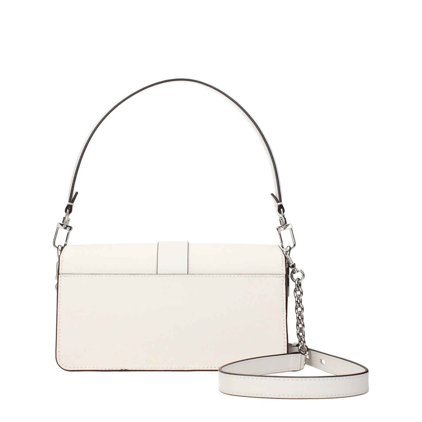 Michael Kors White Leather Handbag with silver accents, front logo, removable handle, adjustable strap, and turn lock closure.