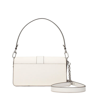 Michael Kors White Leather Handbag with silver accents, front logo, removable handle, adjustable strap, and turn lock closure.