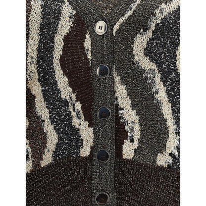 Missoni Brown Viscose Cardigan with wave pattern, button closure, and sequins, offering a modern and sophisticated style for AW25 season.