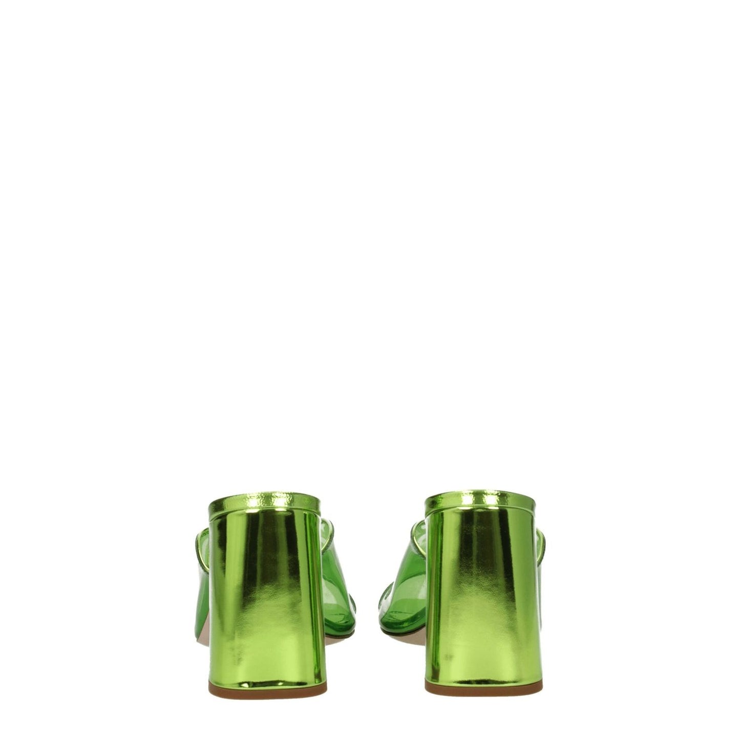Miu Miu Green Plexiglass Platform Sandals with mid heels and open toe, showcasing rear view of glossy green leather design.