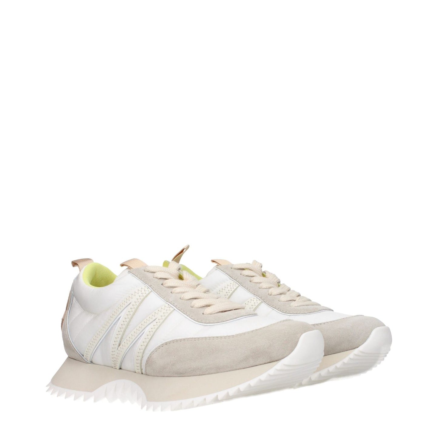 Moncler Beige Fabric Low Top Sneakers with lace-up design and rubber sole, featuring a back logo, casual style, and round toe in beige fabric.