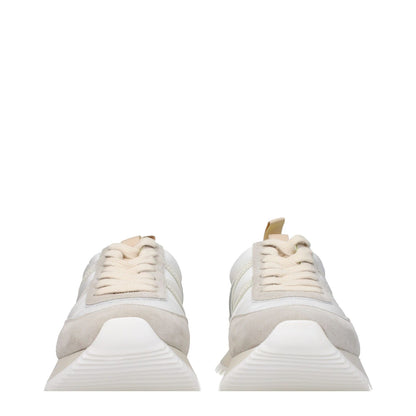 Moncler Beige Fabric Low Top Sneakers with back logo, lace-up closure, rubber sole, and white accents, showcasing casual style.