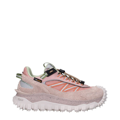 Moncler Pink Leather Athletic Sneakers with suede texture, front and back logo, lace-up closure, featuring a rubber sole and round toe design.