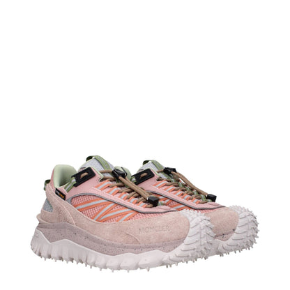 Moncler Pink Leather Athletic Sneakers with lace up closure, suede material, and rubber sole, showcasing front and back logos.
