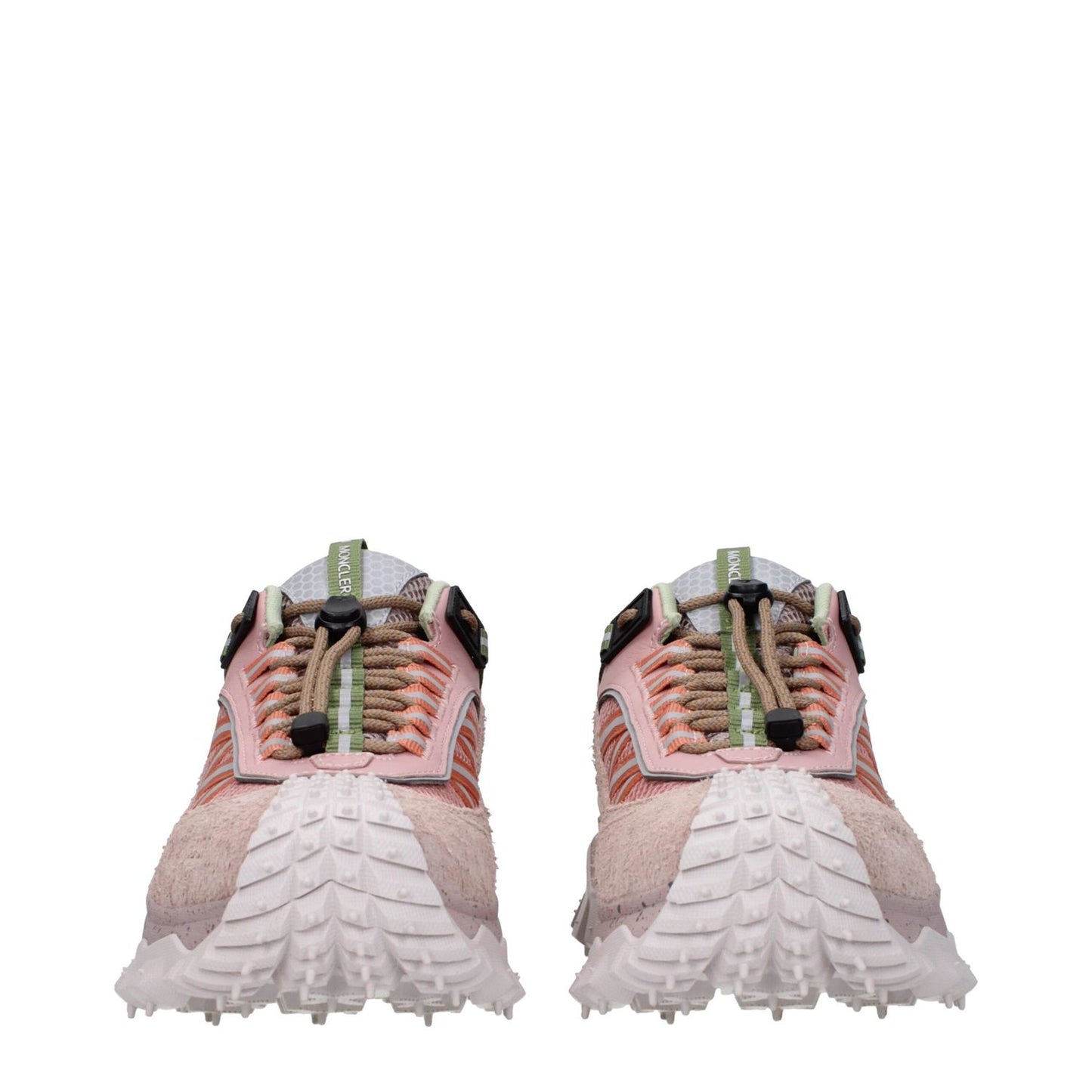Moncler Pink Leather Athletic Sneakers with lace-up closure and rubber sole, front view featuring logos, suede materials, and round toe design.
