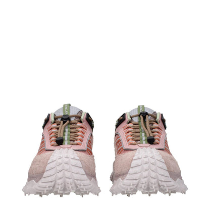 Moncler Pink Leather Athletic Sneakers with lace-up closure and rubber sole, front view featuring logos, suede materials, and round toe design.