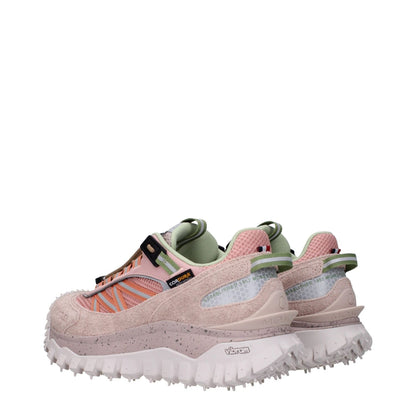 Moncler Pink Leather Athletic Sneakers with suede and rubber sole, featuring front and back logo, mid heels, round toe, lace-up closure.