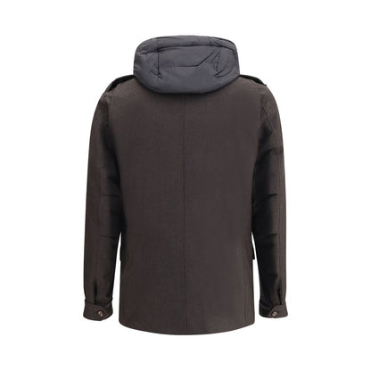 Back view of MooRER Brown Fleece Wool Coat with hood and quilted lining for warmth.