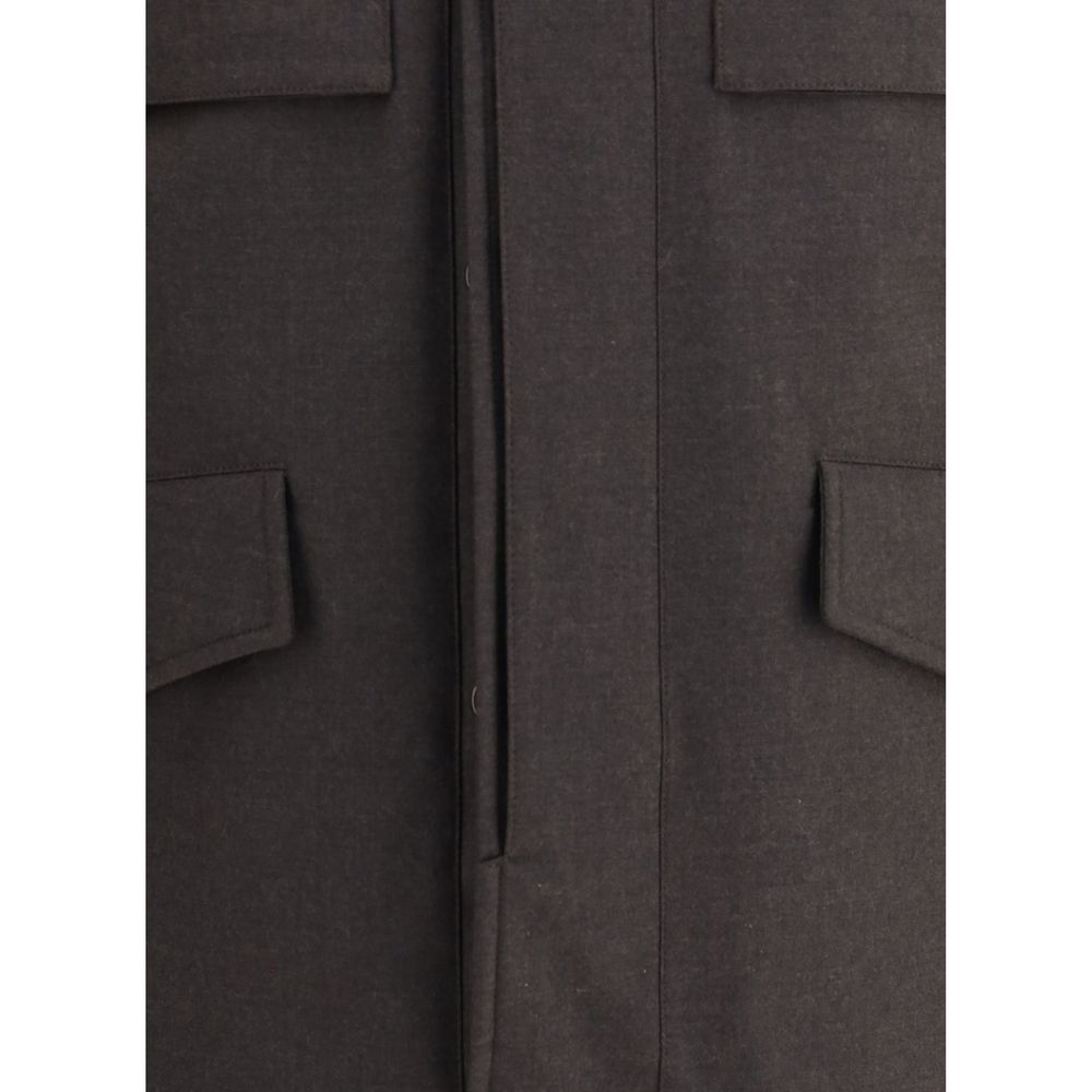 Close-up of MooRER Brown Fleece Wool Coat featuring patch pockets and refined design.