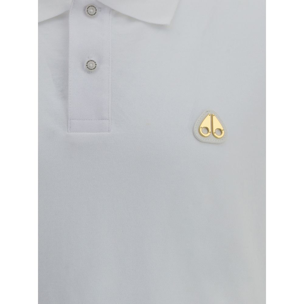 Moose Knuckles White Cotton Polo Shirt with metal logo patch, featuring a classic collar and buttons, perfect for a versatile style.