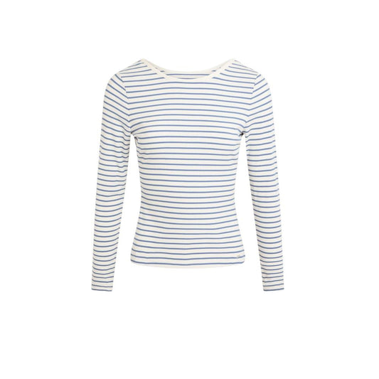 Morgan De Toi White Viscose Long Sleeve T-Shirt with horizontal stripes and deep back neckline.