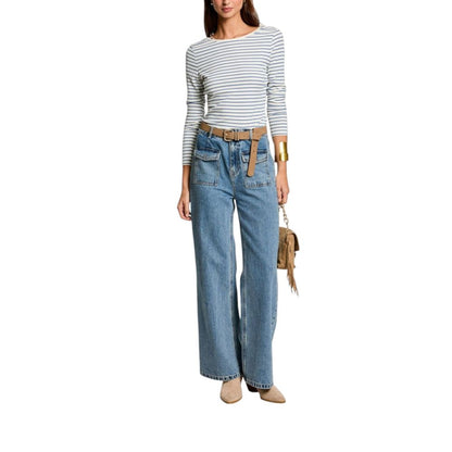 Morgan De Toi White Viscose Long Sleeve T-Shirt with stripes, paired with blue jeans and accessories, showcasing modern and feminine style.