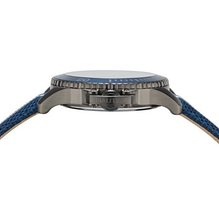 Side view of NAUTICA Mod. NAPBSF919 gent's quartz analog watch, mineral dial, 46 mm case, blue bracelet, water resistant 10 ATM.