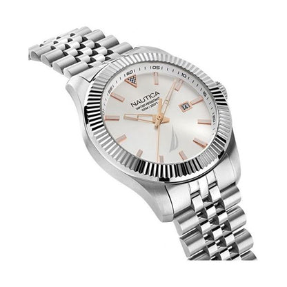 NAUTICA Mod. NAPPBS250 gent’s quartz wristwatch with silver bracelet, mineral dial, 10 ATM water resistance, and official packaging.