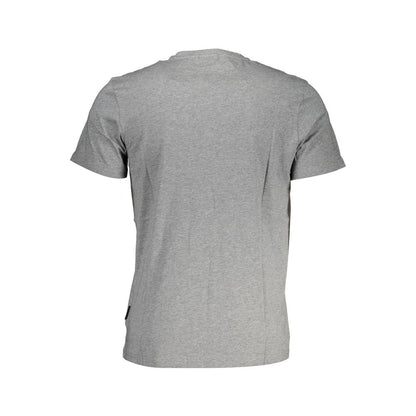 Back view of a grey crew neck t-shirt on a plain background.