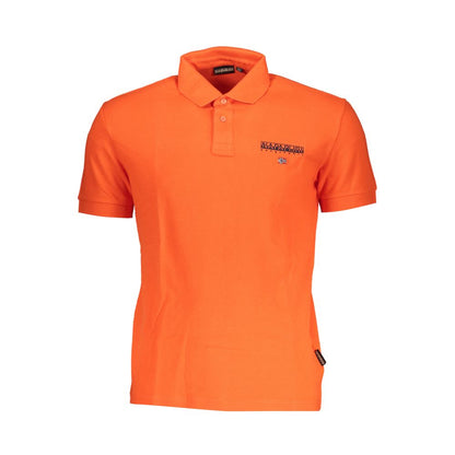 Orange polo shirt with collar and button placket, featuring a small logo on the chest.